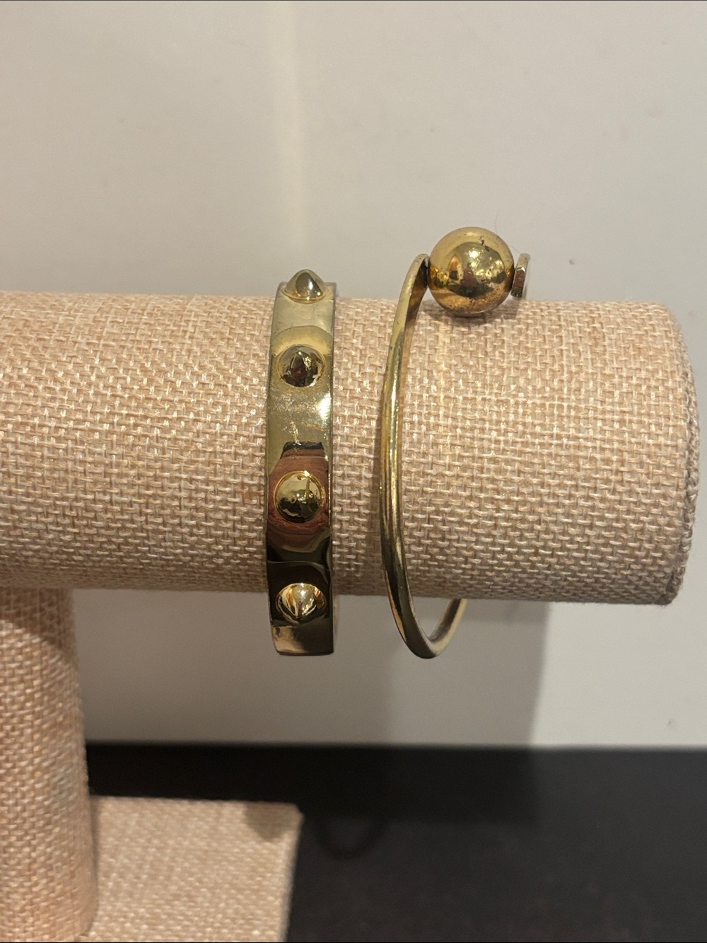Gold Tone Bangle Stack Lot (2) - Studded Hinge Bangle & Minimalist Ball Cuff
